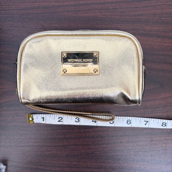 Michael Kors Metallic Gold Pouch Cosmetics Bag Party Clutch Wristlet - Picture 6 of 8